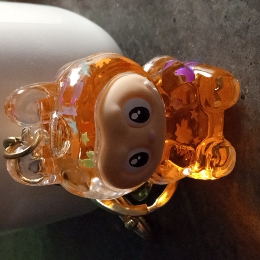 SNOW GLOBE NEON ORANGE LABUBU Key Fob / Purse Charm With Bell. Pearls/Snowflake